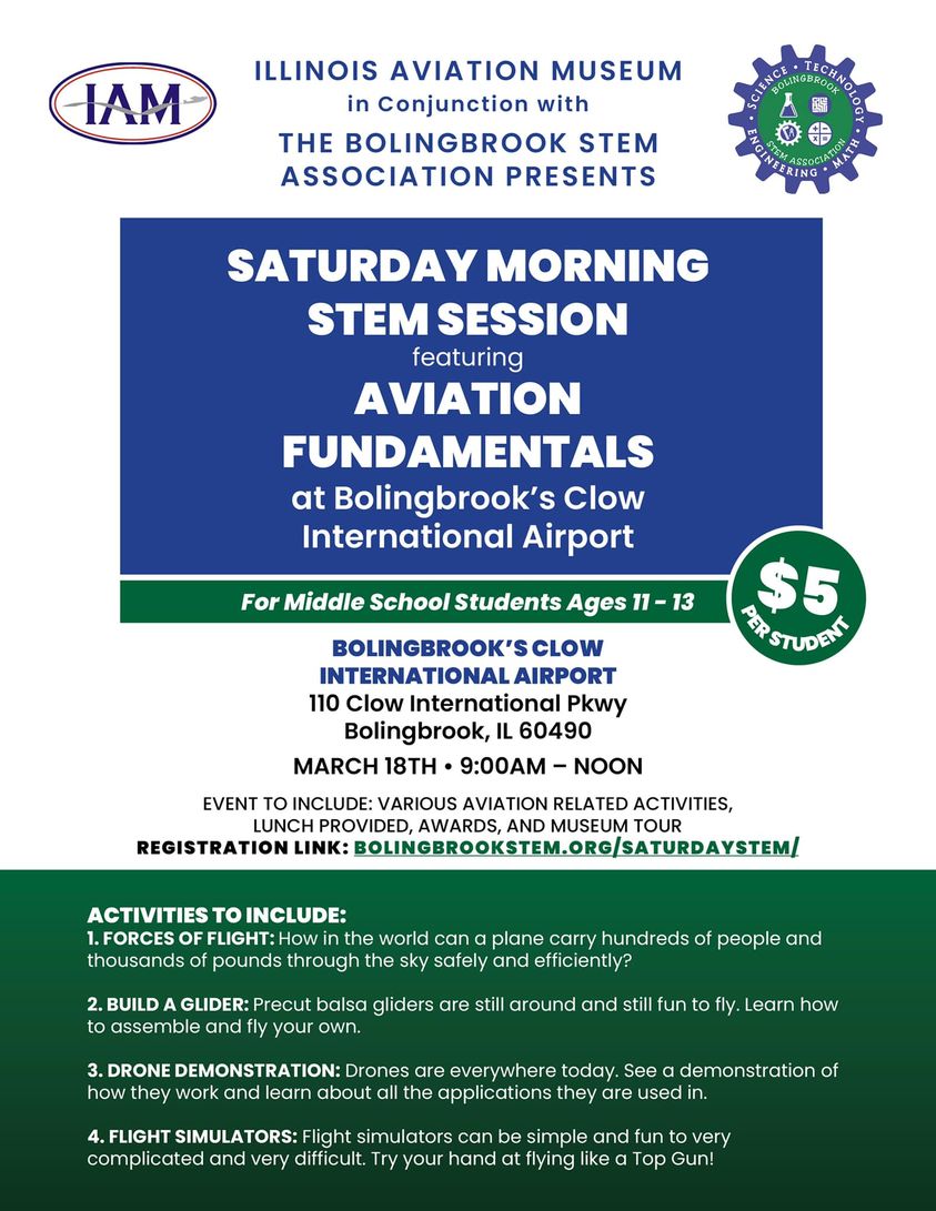 Saturday Morning STEM Session March18 Bolingbrook Clow Airport Illinois Aviation Museum